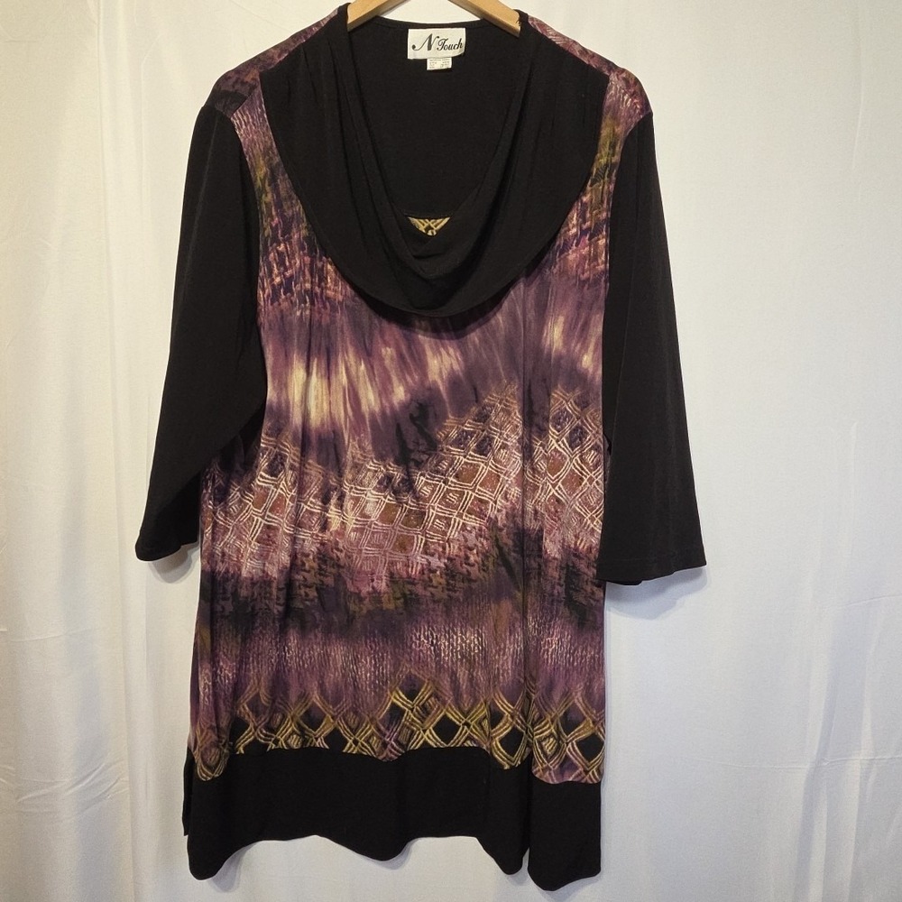 N Touch Women's 2X Tunic Top Purple Black Abstract Print Cowl Neck 3/4 Sleeve St